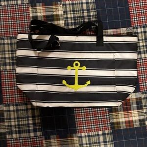 Striped black & White thermal Tote Bag with Yellow Anchor Accent